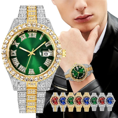 Montre à Quartz de Luxe Entièrement Diamantée pour Homme, Montre-Bracelet à Quartz Masculine Tendance avec Calendrier et Bracelet en Acier Inoxydable, Horloge de Date Reloj Hombre