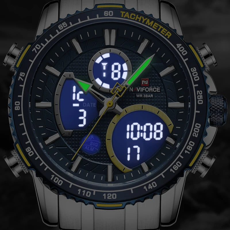 NAVIFORCE Montre Homme Tendance Marque de Luxe Sport Chronographe à Quartz Étanche Militaire en Acier Inoxydable