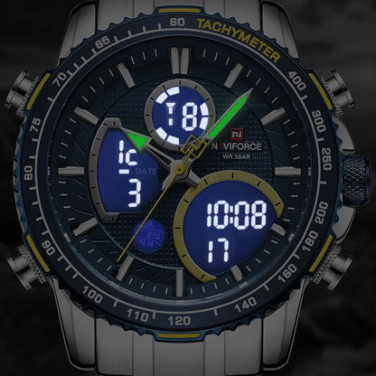 NAVIFORCE Montre Homme Tendance Marque de Luxe Sport Chronographe à Quartz Étanche Militaire en Acier Inoxydable