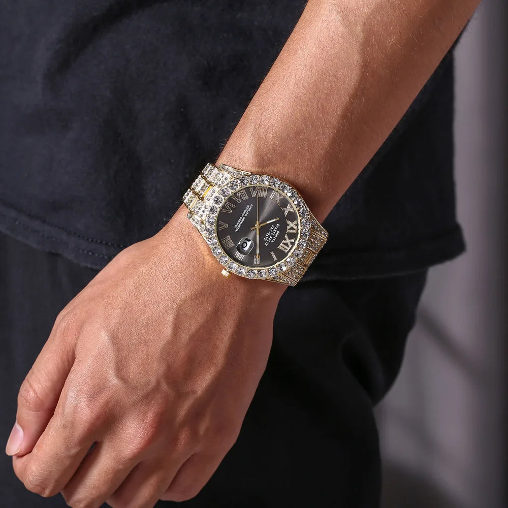 Classic Golden Steel Strap Roman Scale Calendar Watch Relogio Masculino