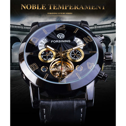 Montre mécanique automatique Forsining Tourbillon Fashion Wave noire et dorée multifonction pour homme, marque de luxe de qualité supérieure