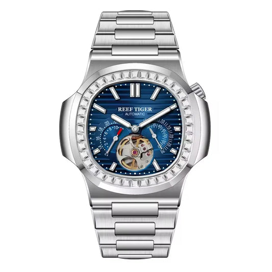 Reef Tiger Men Automatic Watch Luxury 44mm Square Mechanical Wristwatch Sapphire Luminous Skeleton Dial Date 24 Hours