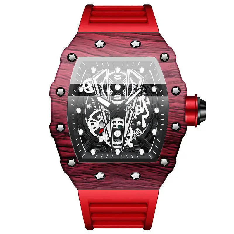 BINBOND Marque Homme Montre Tonneau Dominant Miroir Courbe Surface Creuse Sports Homme Montre-Bracelet Quartz en Silicone B8577