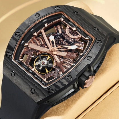 Montre automatique BONEST GATTI homme 42*54mm Tonneau Fibre de Carbone Montre mécanique Cadran Ninja Lumineux Verre Saphir