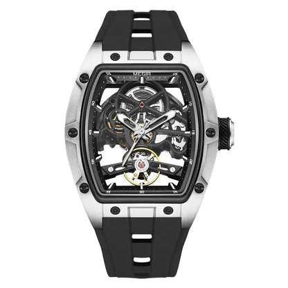 Montre-bracelet MEGIR pour hommes, mode, noire, étanche, mécanique automatique, avec aiguilles lumineuses, bracelet en silicone, cadran tonneau 2242