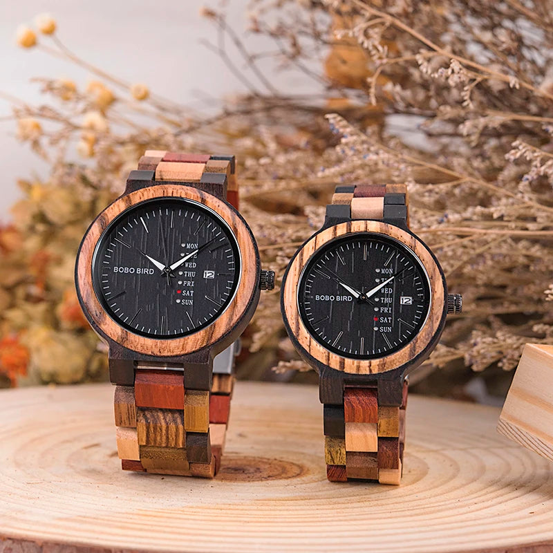 Montre en bois pour couple BOBOB BIRD pour homme et femme, montres personnalisées pour amoureux, cadeaux d'anniversaire dans un coffret cadeau en bois
