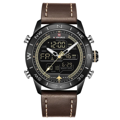 NAVIFORCE – Montre de sport de luxe à quartz pour homme, en cuir véritable, étanche, avec affichage de la date, du jour de la semaine et LED