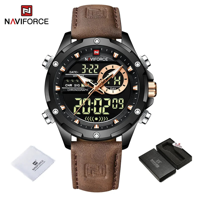 NAVIFORCE Montre-bracelet de luxe originale pour hommes, double fuseau horaire, sport, décontractée, chronographe, alarme, quartz, bracelet en cuir, étanche