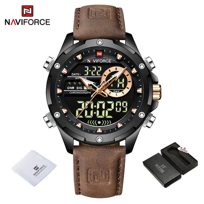 NAVIFORCE Montre-bracelet de luxe originale pour hommes, double fuseau horaire, sport, décontractée, chronographe, alarme, quartz, bracelet en cuir, étanche