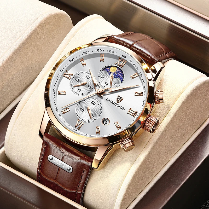 Montre décontractée LIGE pour homme, de luxe, en cuir, étanche, à quartz, chronographe, militaire, pour homme, Relogio Masculino