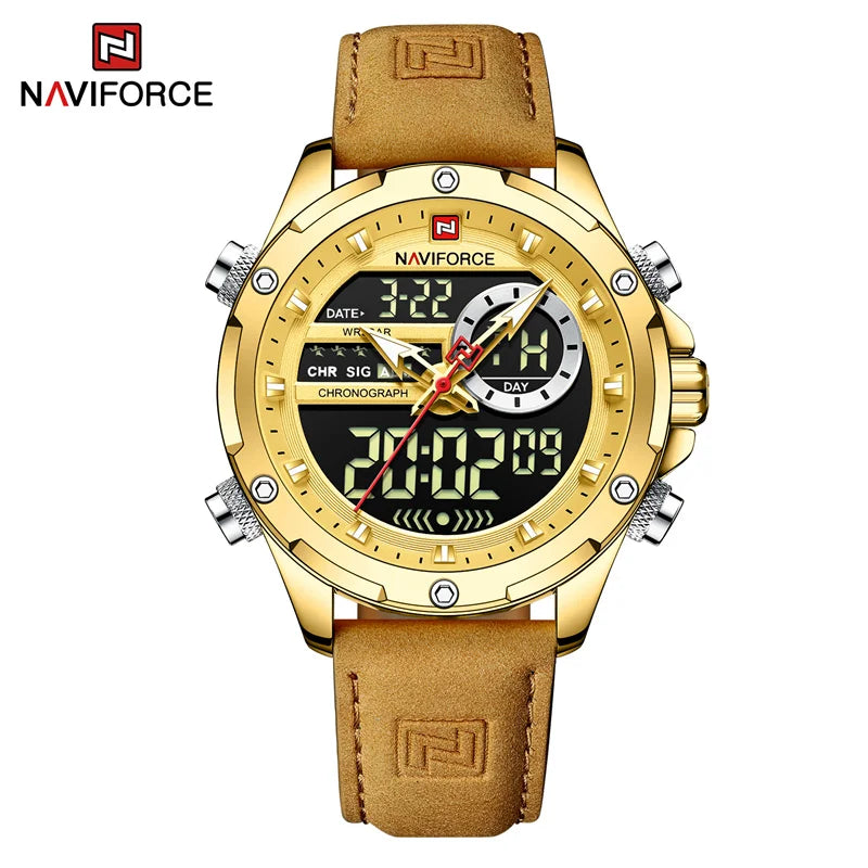 NAVIFORCE Montre-bracelet de luxe originale pour hommes, double fuseau horaire, sport, décontractée, chronographe, alarme, quartz, bracelet en cuir, étanche