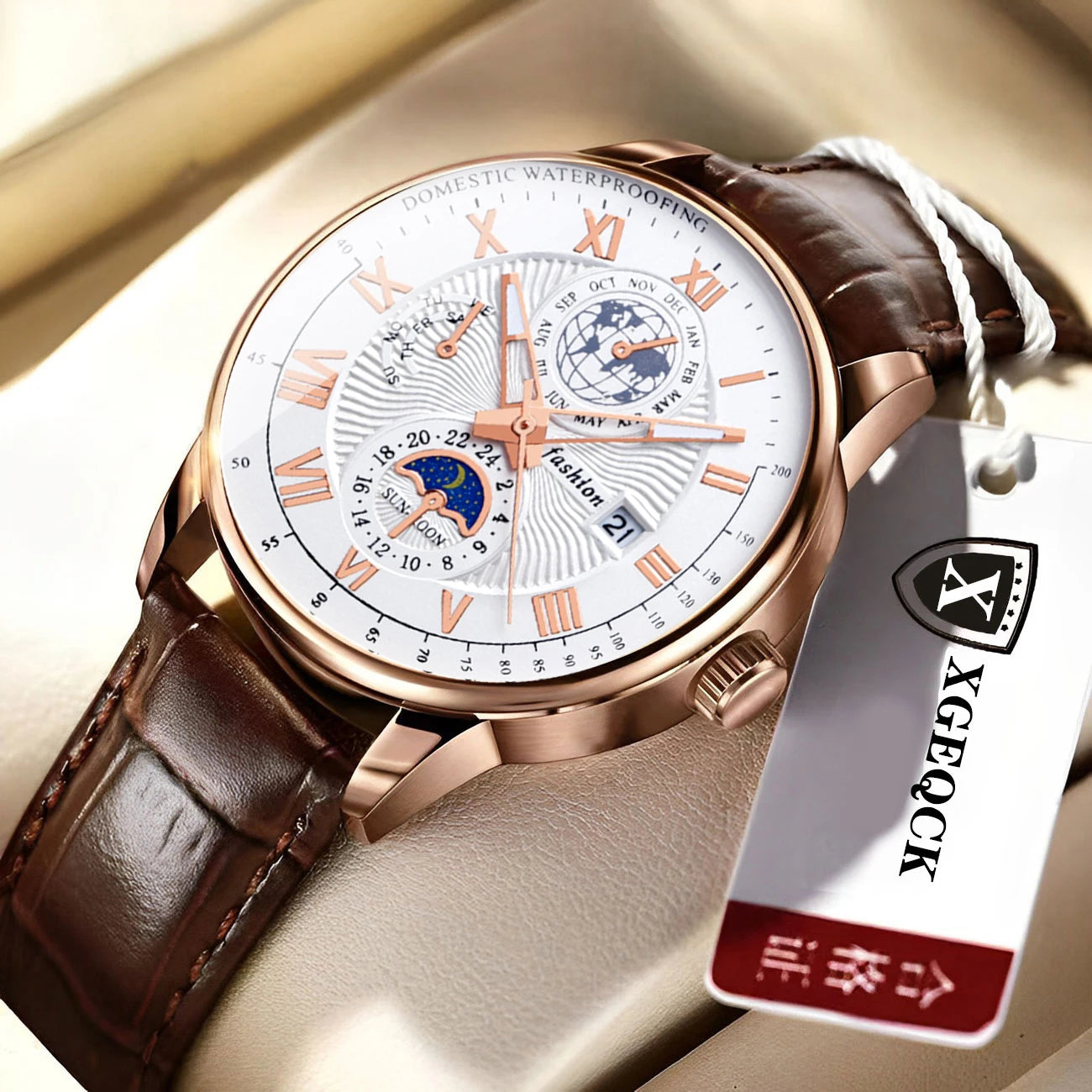 Men's leather strap watch with date display and luminous dial