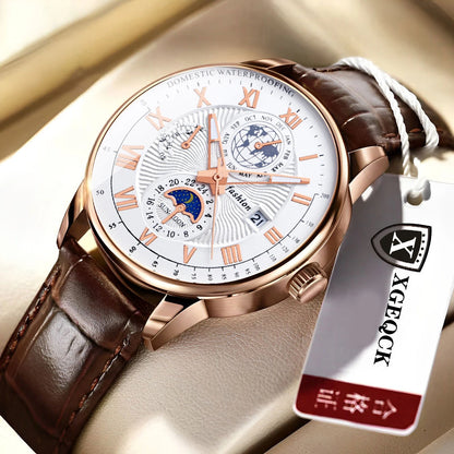 Men's leather strap watch with date display and luminous dial
