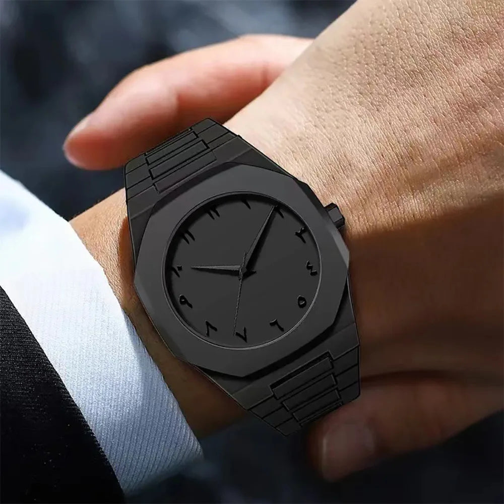Men's quartz watch with Arabic numeral dial and black strap