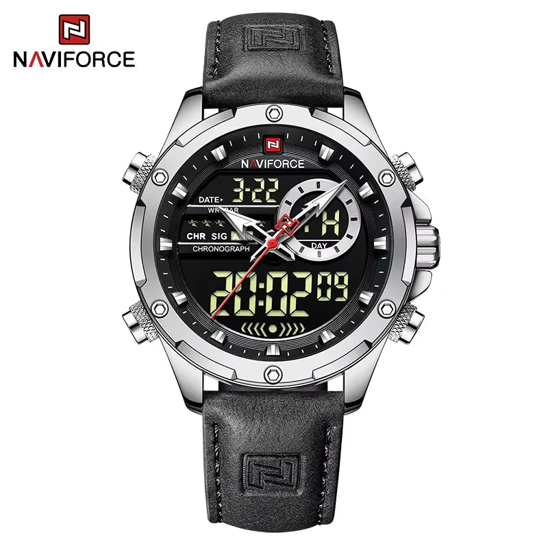 NAVIFORCE – Montres de mode pour homme, bracelet en cuir véritable, décontracté, militaire, étanche, chronographe numérique, mouvement à quartz, alarme
