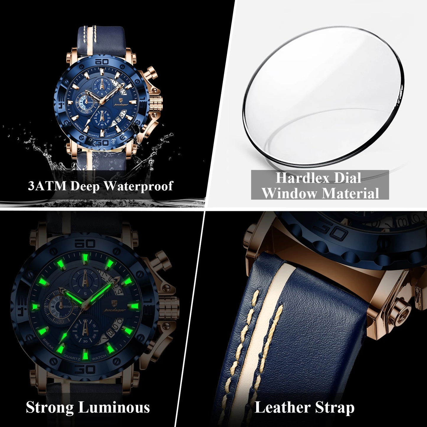 POEDAGAR Montres originales pour homme étanches lumineuses, date, mode, horloge masculine, chronographe, bracelet en cuir, montre-bracelet à quartz pour homme