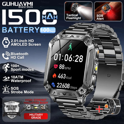 Montre Intelligente Militaire Homme 1500mAh Longue Autonomie Sport Extérieur Montre Connectée Homme Étanche 10ATM Fréquence Cardiaque Appel BT Grande Batterie