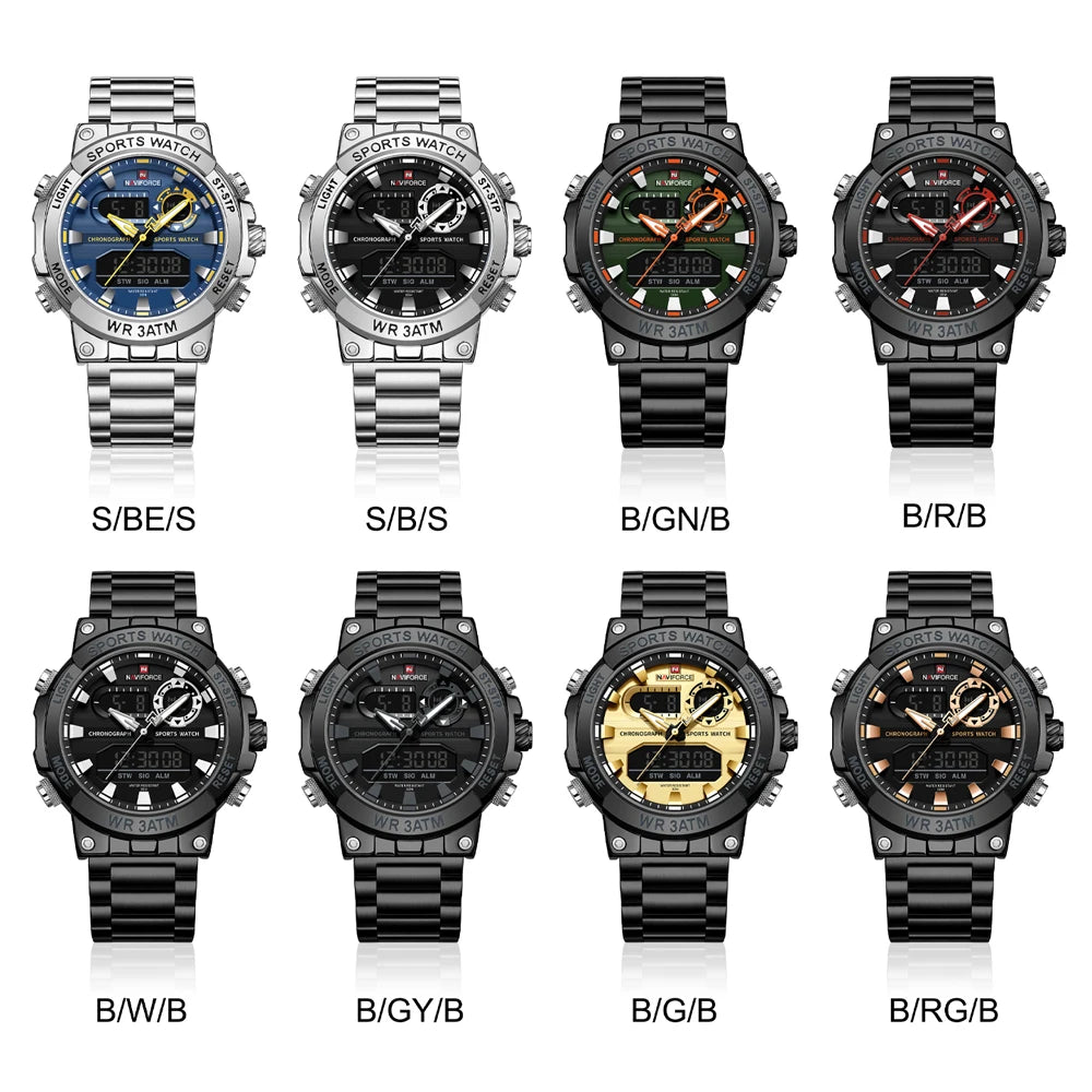 Montre numérique à quartz NAVIFORCE pour hommes, étanche, lumineuse, avec date, bracelet en acier inoxydable, chronographe, montres de sport