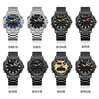 Montre numérique à quartz NAVIFORCE pour hommes, étanche, lumineuse, avec date, bracelet en acier inoxydable, chronographe, montres de sport