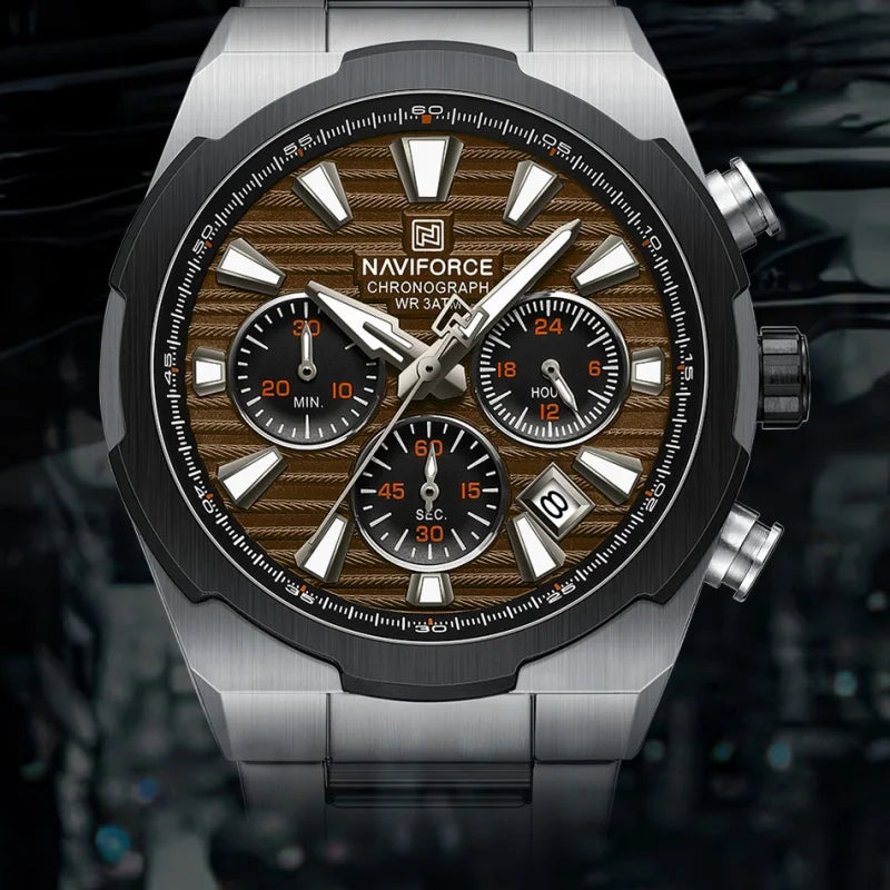 Montre-bracelet à quartz NAVIFORCE pour homme, multifonctionnelle, avec calendrier, chronomètre, lumineuse, étanche 30 ATM, bracelet en acier inoxydable