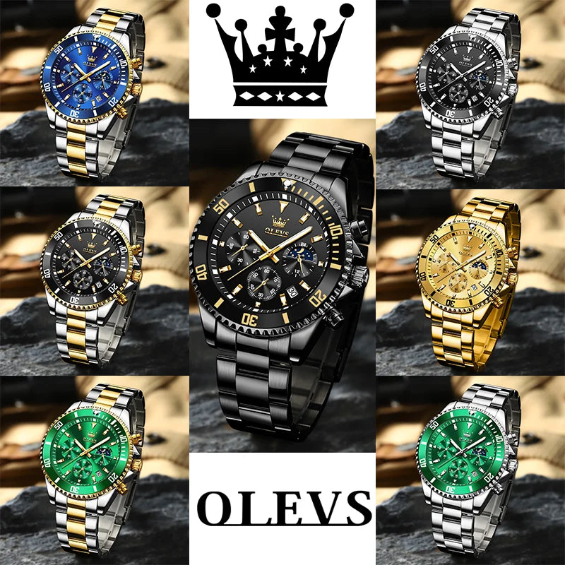 OLEVS Chronograph Moon Phase Date Stainless Steel Dial