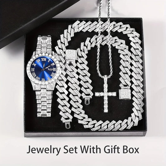 ChronoState Bling 4PCS Set – Hip Hop Quartz Watch & Cuban Chain Jewelry Collection