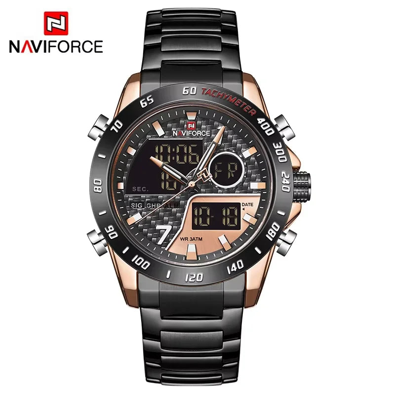 NAVIFORCE Montre-bracelet de luxe pour homme, montres de sport militaires numériques pour homme, bracelet en acier, horloge à quartz, Relogio Masculino
