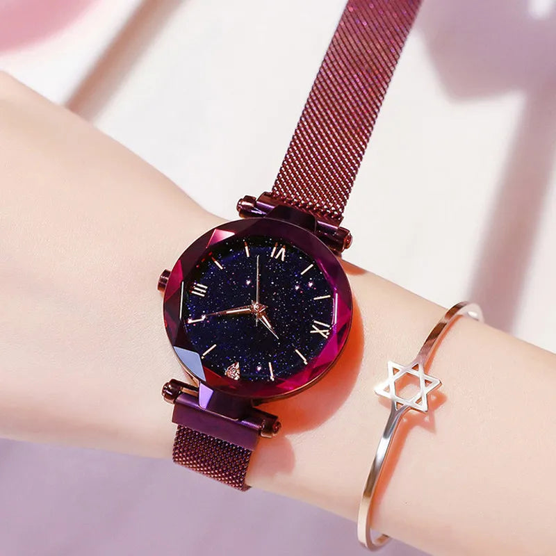 Montres Femme Ciel Étoilé Boucle Magnétique Ceinture en Maille Diamant Montre à Quartz Robe Horloge