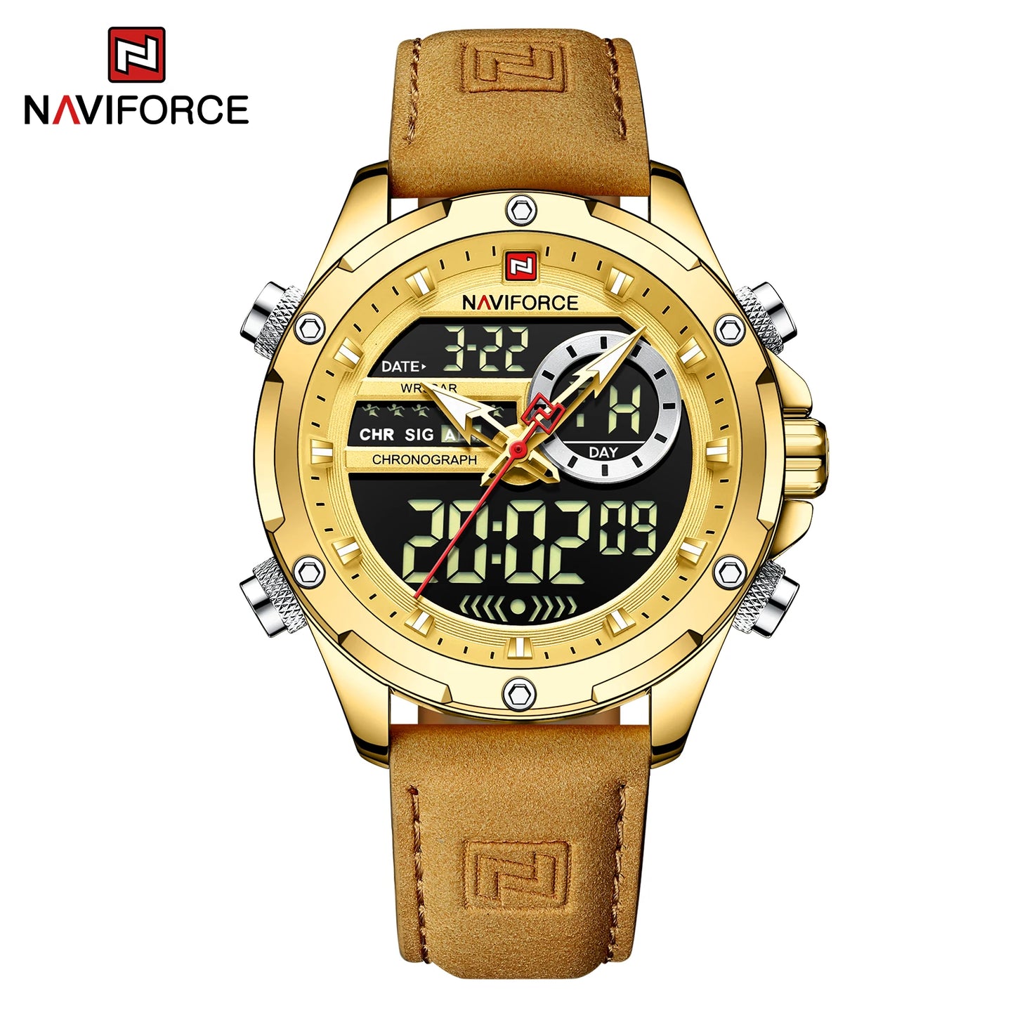 Naviforce Montres Originales pour Hommes 2025 Montre-Bracelet de Luxe Sportive Étanche à Bracelet Corium pour Hommes avec Calendrier Double Affichage
