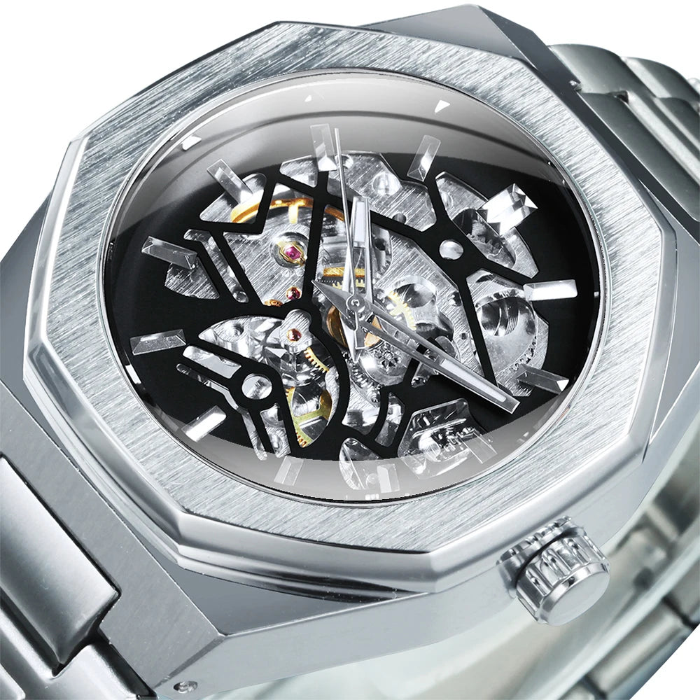 Montre mécanique classique Forsining à squelette pour homme Aiguilles lumineuses Bracelet en acier inoxydable Montres automatiques d'affaires irrégulières