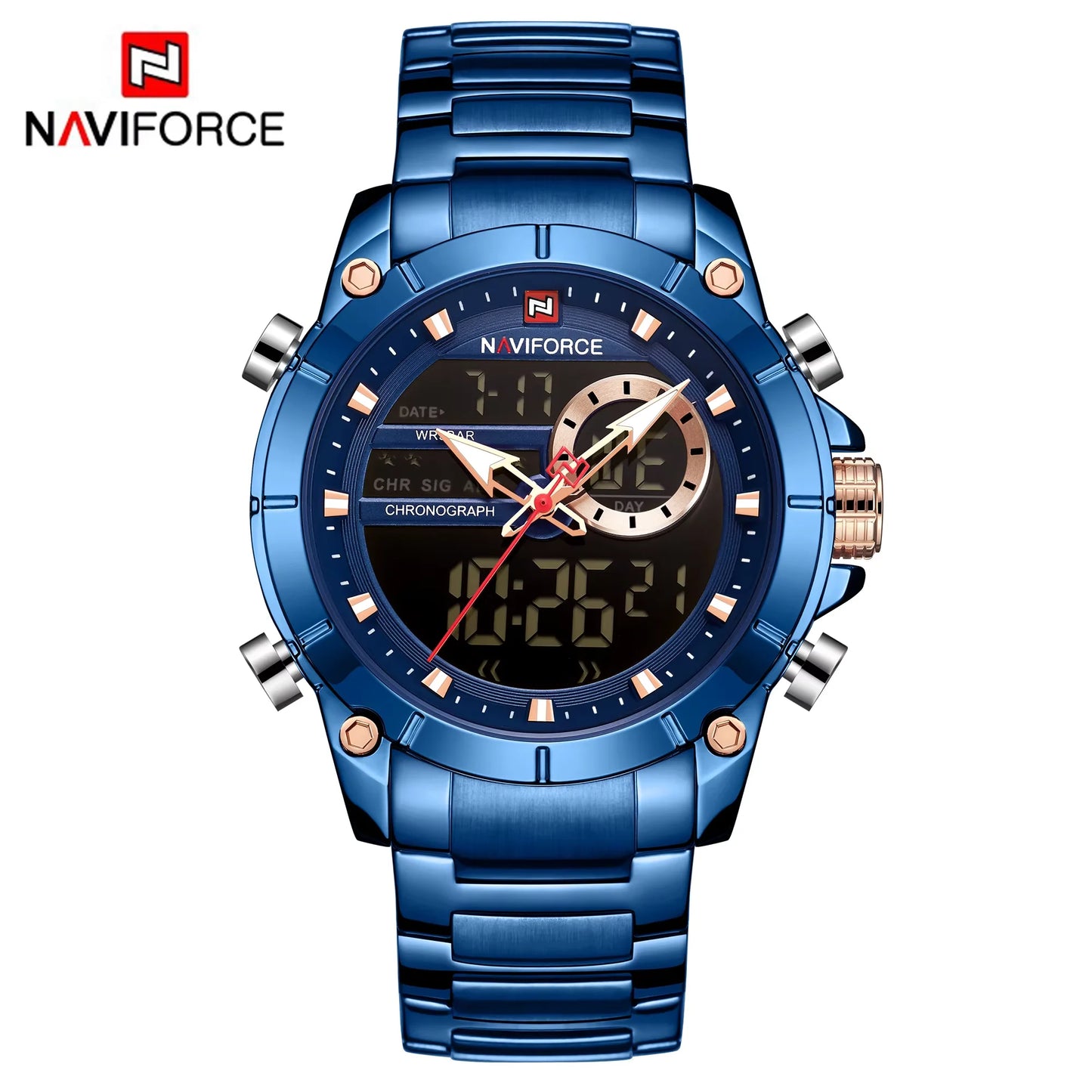 NAVIFORCE 9163 Montre-bracelet de sport de luxe originale pour hommes, mouvement à quartz, étanche en acier, double affichage, montres militaires Relogio Masculino