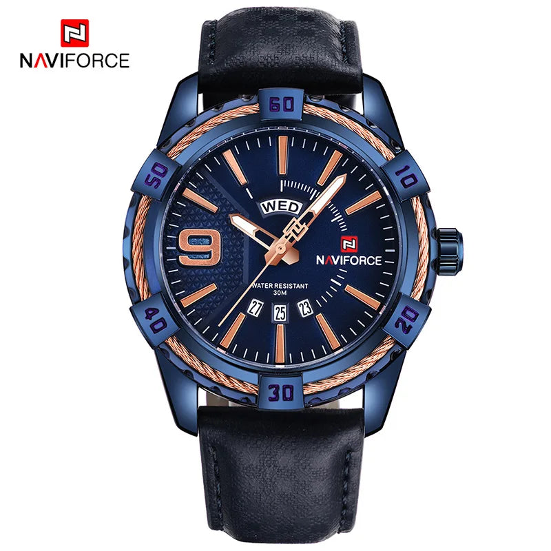 NAVIFORCE Montre Homme Tendance Or Luxe Sport Étanche Militaire Montre-bracelet Affaires Décontracté Bracelet en Cuir Date Horloge 9117