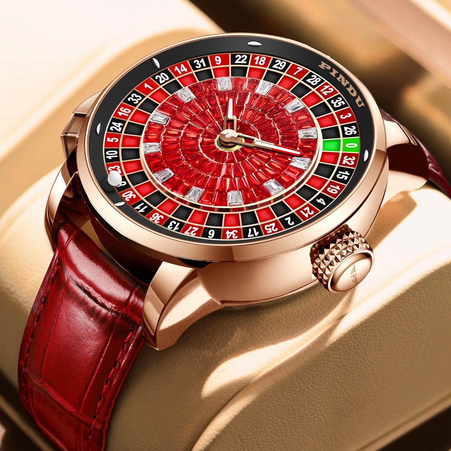 NOUVELLE montre mécanique à cadran rotatif en diamant rouge PINDUI Design avec mouvement NH35 en acier inoxydable, montre automatique de luxe pour hommes