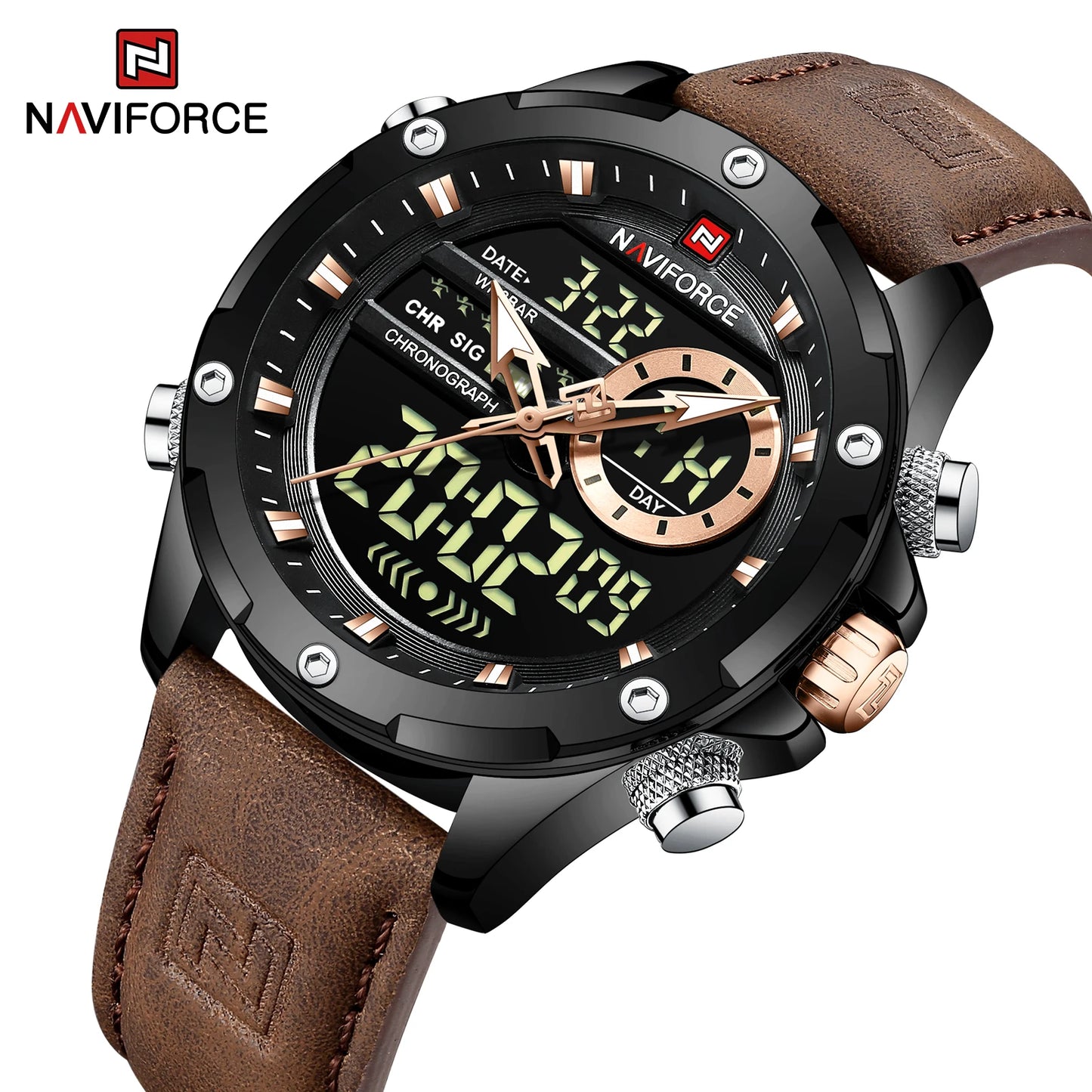Naviforce Montres Originales pour Hommes 2025 Montre-Bracelet de Luxe Sportive Étanche à Bracelet Corium pour Hommes avec Calendrier Double Affichage