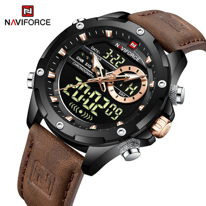 Naviforce Montres Originales pour Hommes 2025 Montre-Bracelet de Luxe Sportive Étanche à Bracelet Corium pour Hommes avec Calendrier Double Affichage
