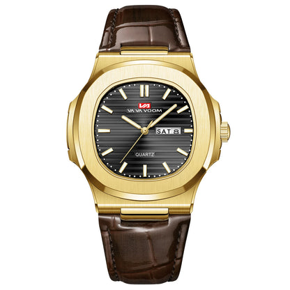Montre Homme en Cuir Noir Boîtier Ovale Classique Argenté 40mm Double Calendrier Mouvement Quartz Étanche 3 ATM Montre Décontractée Sport pour Homme