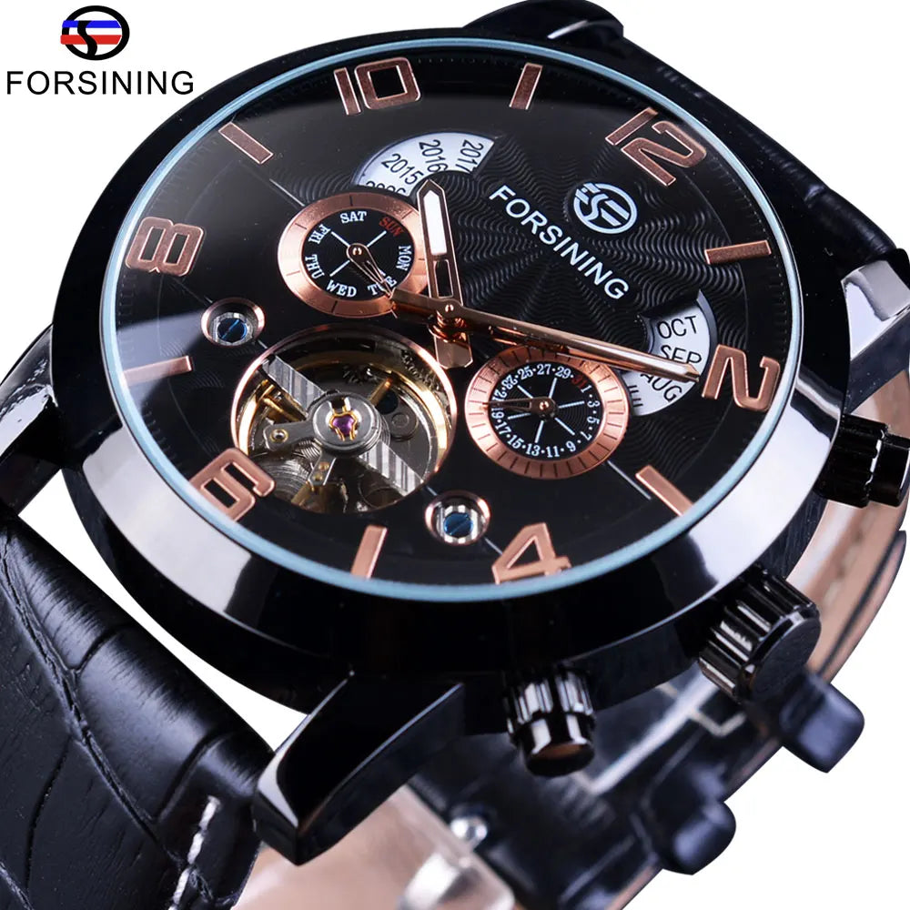 Montre mécanique automatique Forsining Tourbillon Fashion Wave noire et dorée multifonction pour homme, marque de luxe de qualité supérieure