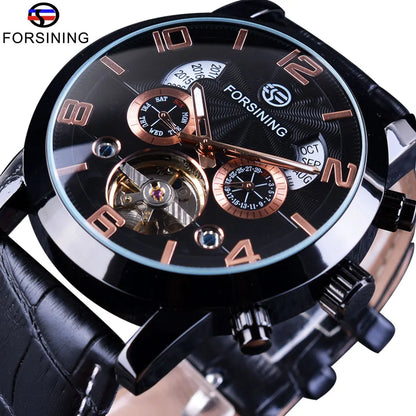 Montre mécanique automatique Forsining Tourbillon Fashion Wave noire et dorée multifonction pour homme, marque de luxe de qualité supérieure