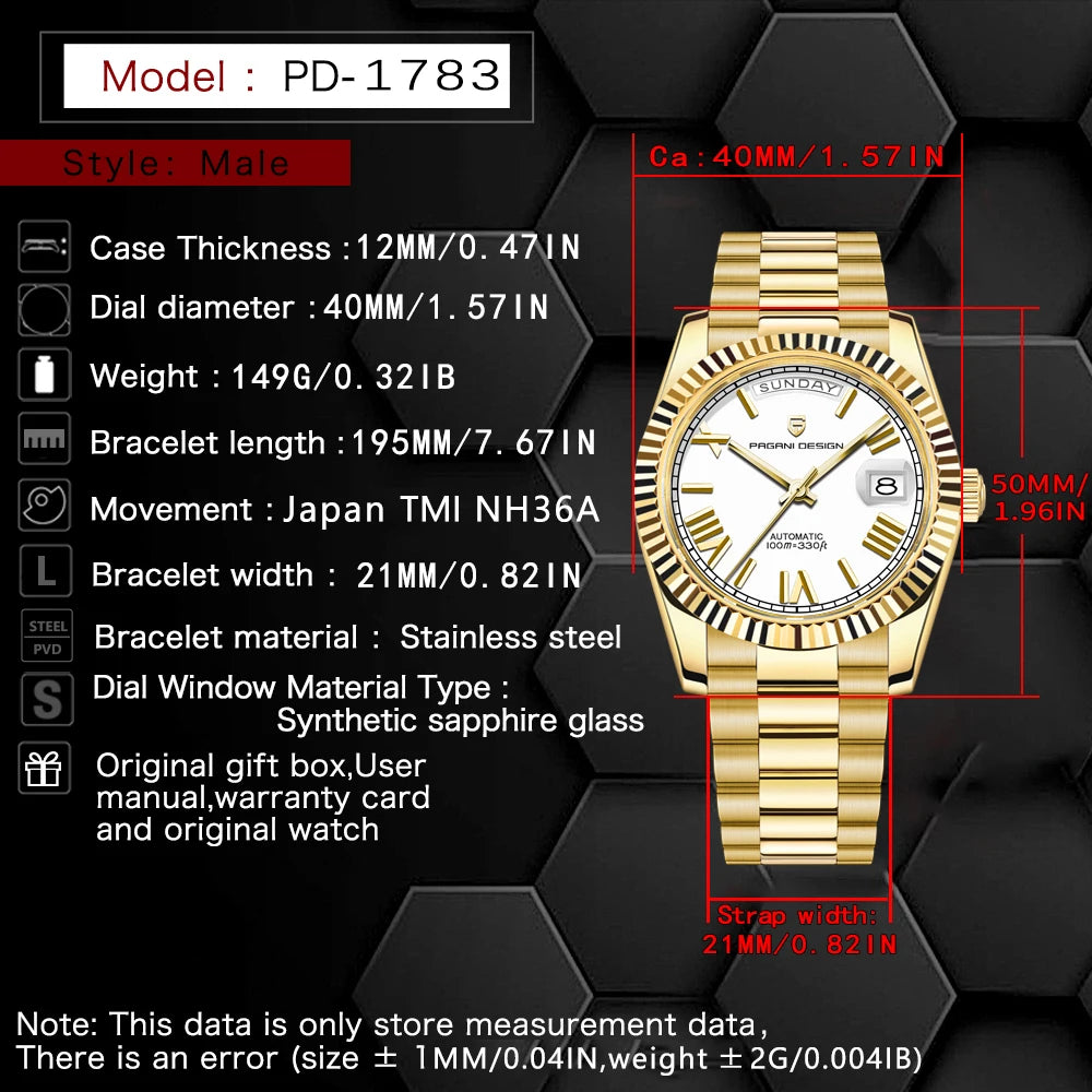 PAGANI DESIGN Montres Hommes DD40 Or Blanc Luxe Montre Automatique Hommes TMI NH36A Date Semaine Montres Mécaniques Pour Hommes Nouveauté 2026