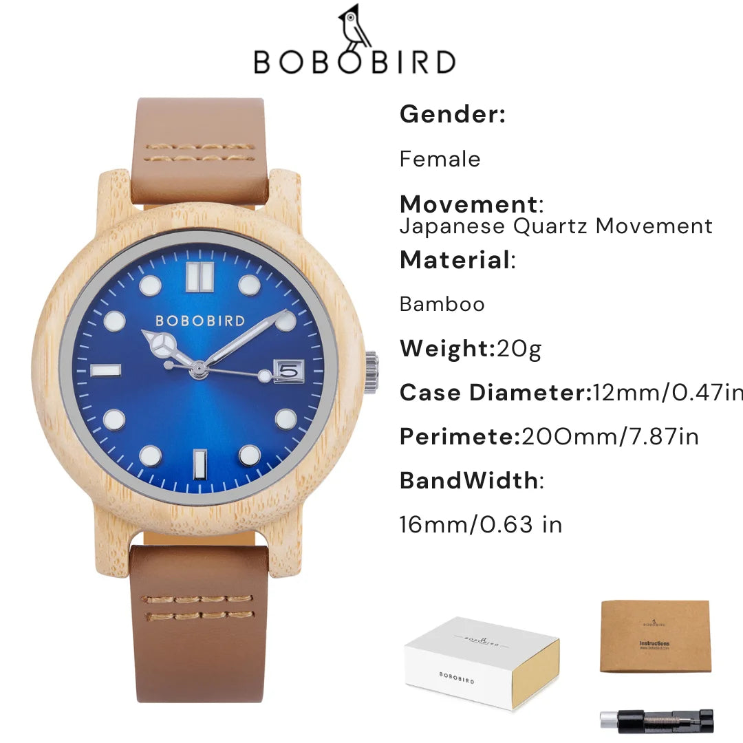 Montre-bracelet en bambou BOBO BIRD pour femme avec bracelet en cuir véritable, naturelle, légère, élégante, cadeau mode pour elle