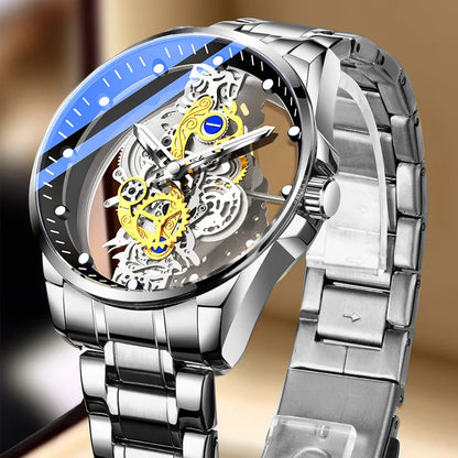 Montre transparente de mode en solde pour hommes, montres mécaniques d'imitation, cadran lumineux, bracelet en acier inoxydable, montres-bracelets à quartz pour hommes