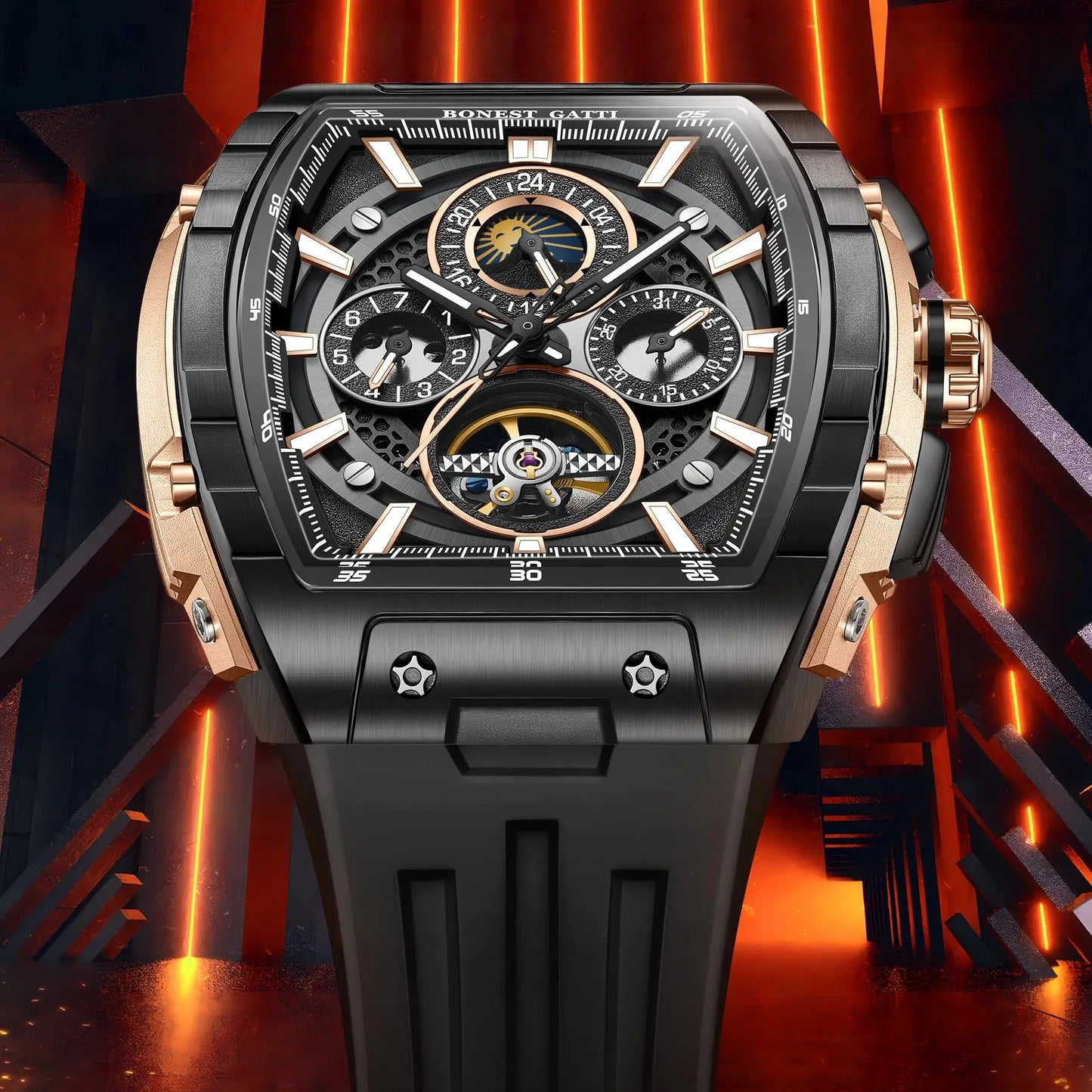 BONEST GATTI Montre Automatique Homme 47 mm Tonneau Mécanique Étanche Saphir Lumineux Multi-Cadrans Jour Date 24 Heures