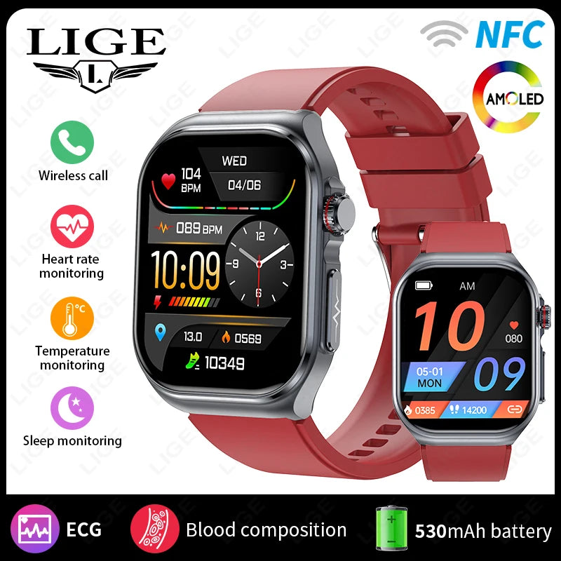 Montre intelligente LIGE AMOLED ET585 pour hommes avec ECG, surveillance de la composition sanguine, appels Bluetooth, suivi de la condition physique pour femmes, smartwatch.