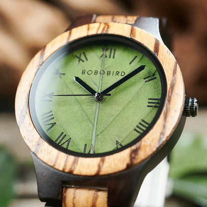 Montre en bois pour homme BOBO BIRD avec feuille véritable, montre en bois originale, montre en bois, montre fabriquée à la main, cadeau d'anniversaire pour homme