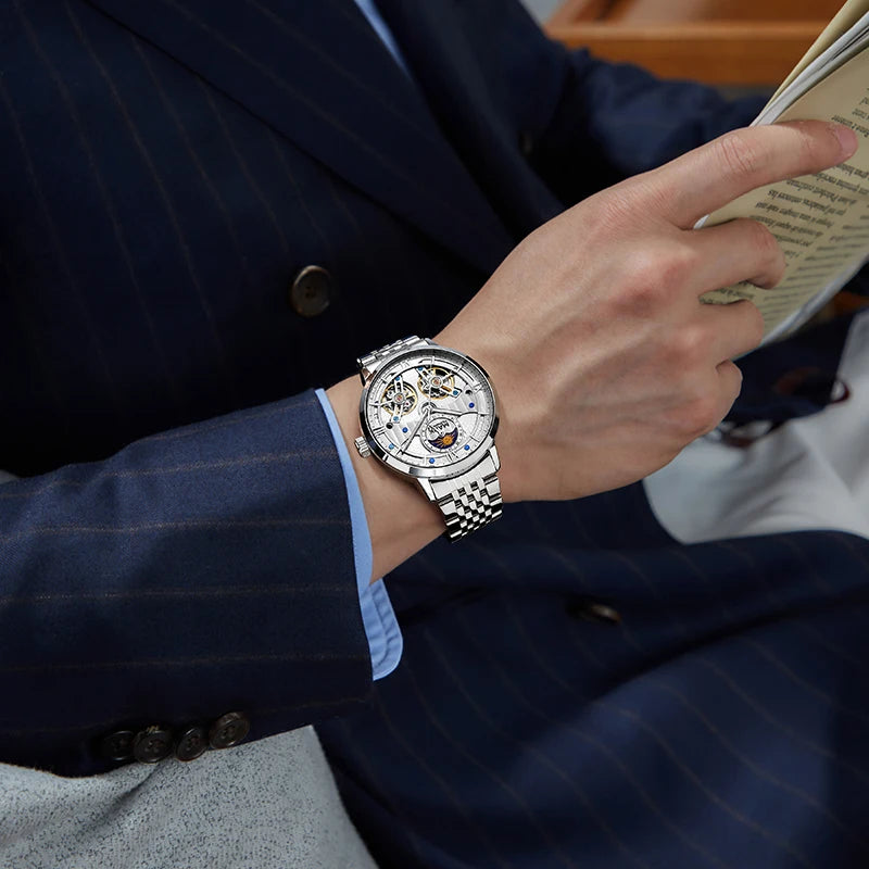 Mark Fairwhale 6023 Luxury Quartz Steel Strip Automatic Movement Watch Waterproof Double Tourbillon Moonphase Watches for Men