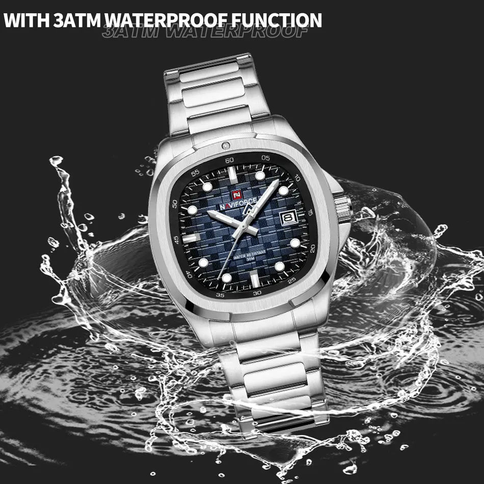 Montre-bracelet de sport NAVIFORCE pour hommes, à quartz, en acier inoxydable, lumineuse, avec calendrier, cadran carré, pour affaires
