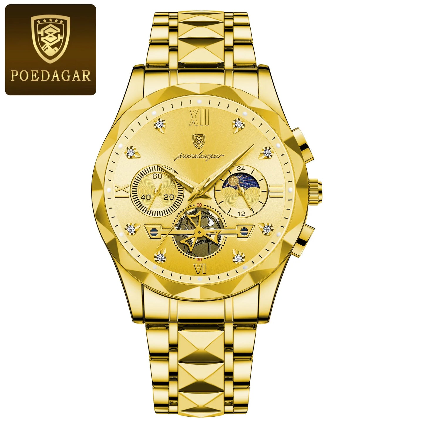 POEDAGAR Montre-bracelet homme de haute qualité en acier inoxydable, chronographe, pour affaires, étanche, lumineuse, à quartz