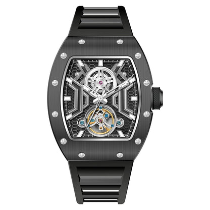 CHANCE Men Wristwatch Fashion Black Waterproof Automatic Mechanical Watch with Luminous Hands Silicone Strap Tonneau Dial