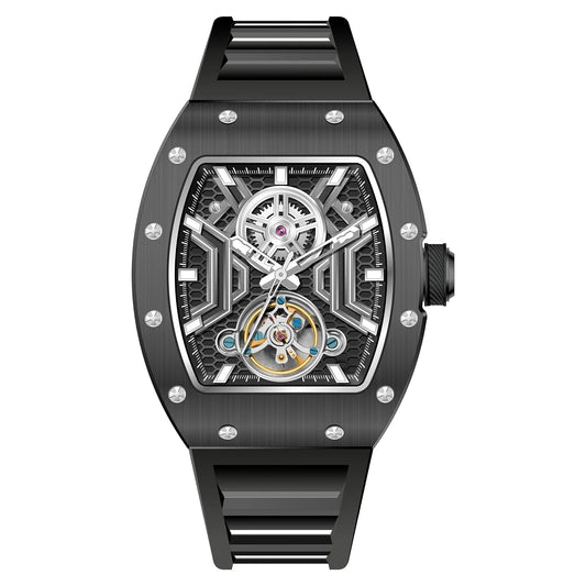 CHANCE Men Wristwatch Fashion Black Waterproof Automatic Mechanical Watch with Luminous Hands Silicone Strap Tonneau Dial