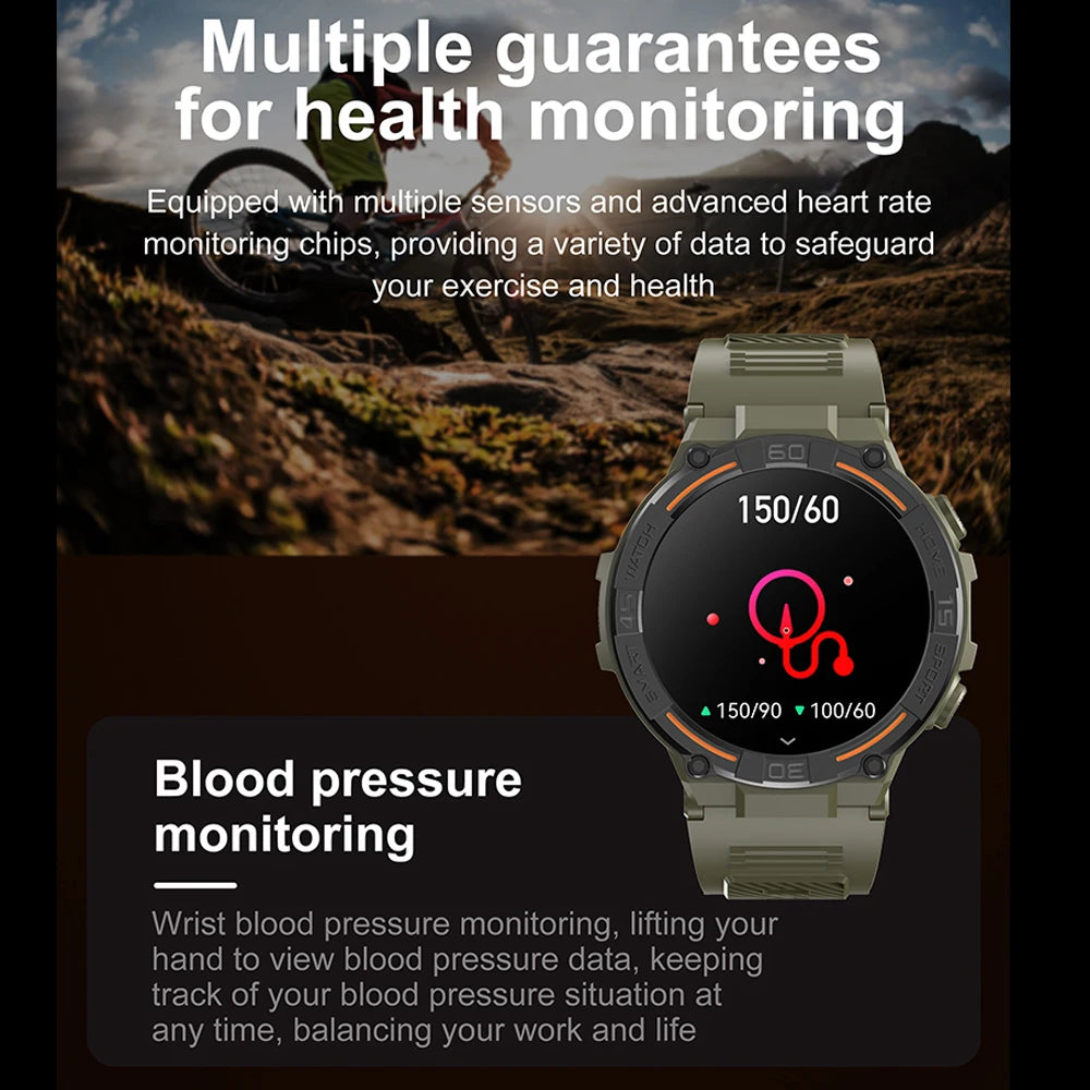 Smartwatch d'extérieur militaire 2026 pour hommes, appels Bluetooth, étanche, moniteur de santé, suivi sportif de course, compatible Android iOS